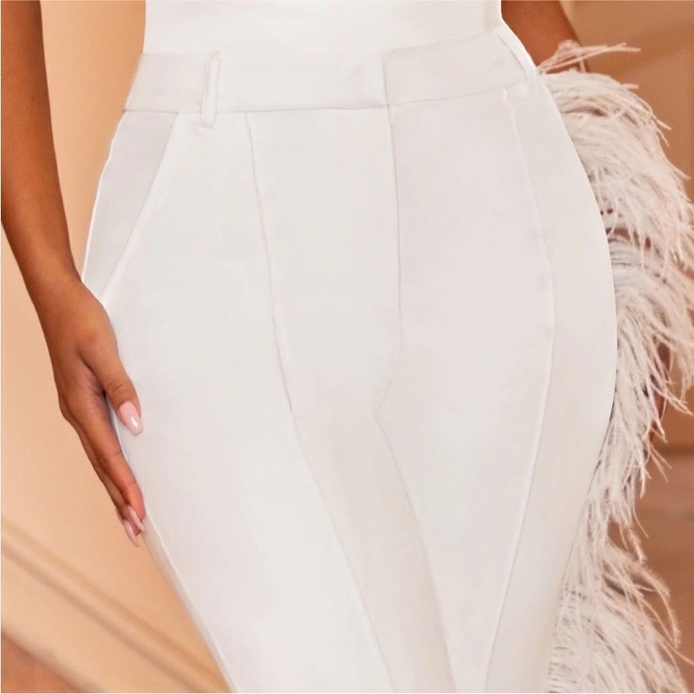 Club L London Count Me In White Tailored Feather Trim Trousers Sz‎ 2 NWT - Picture 5 of 14